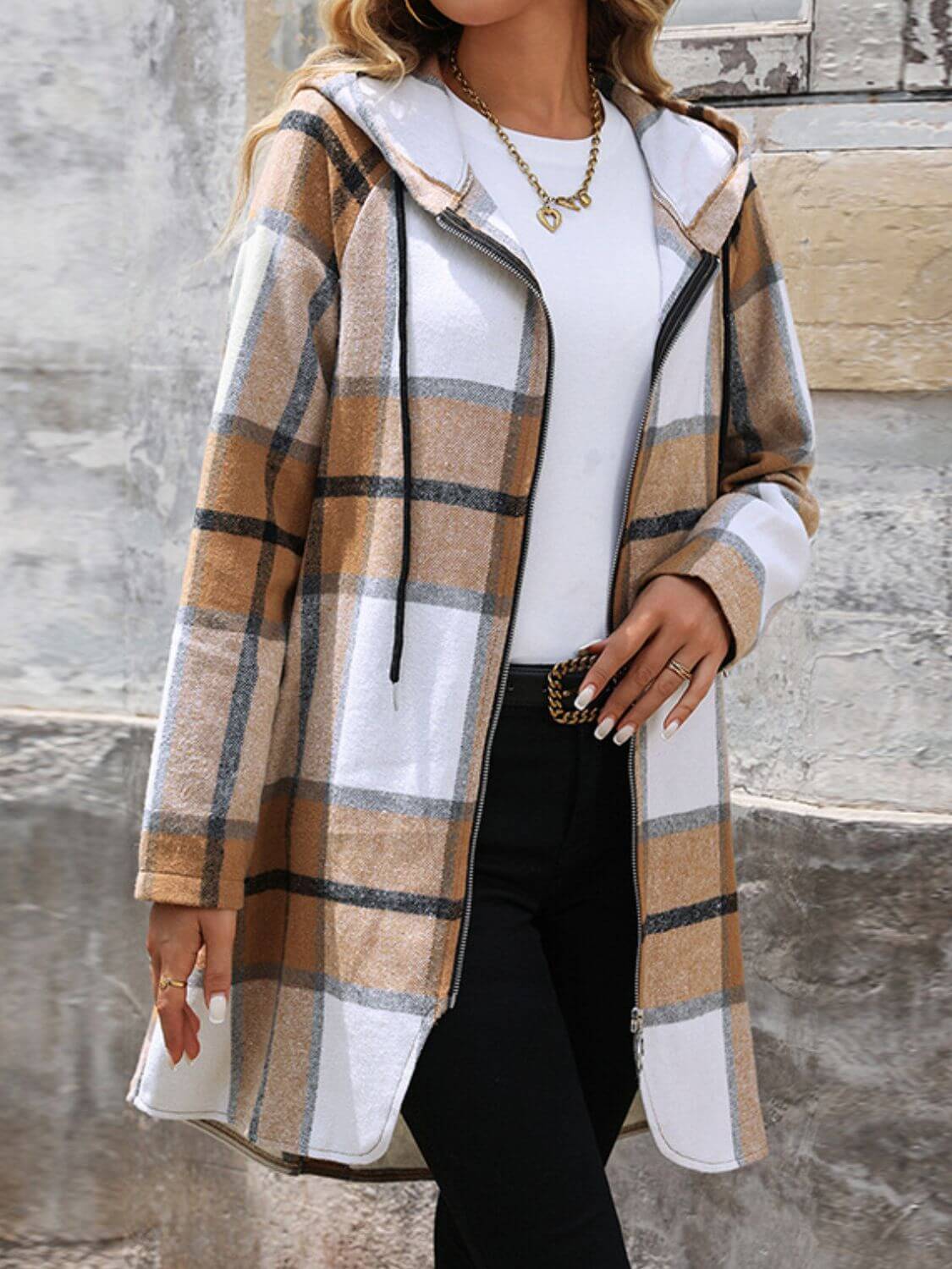 Plaid Drawstring Hooded Zip-Up Outerwear