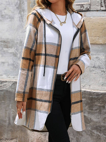 Plaid Drawstring Hooded Zip-Up Outerwear
