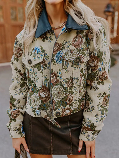 Floral Print Contrast Collar Zip-Up Jacket