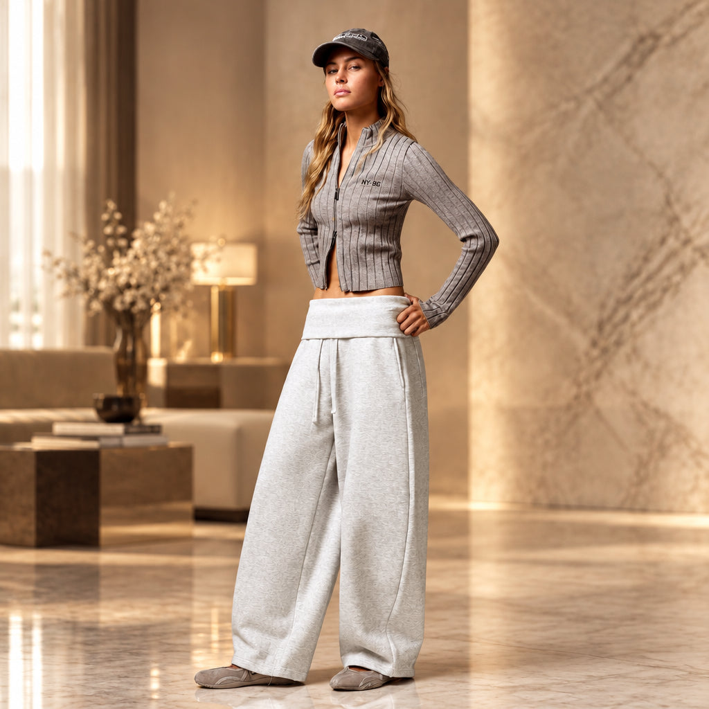 Model wearing gray high-waist wide-leg casual pants, front view