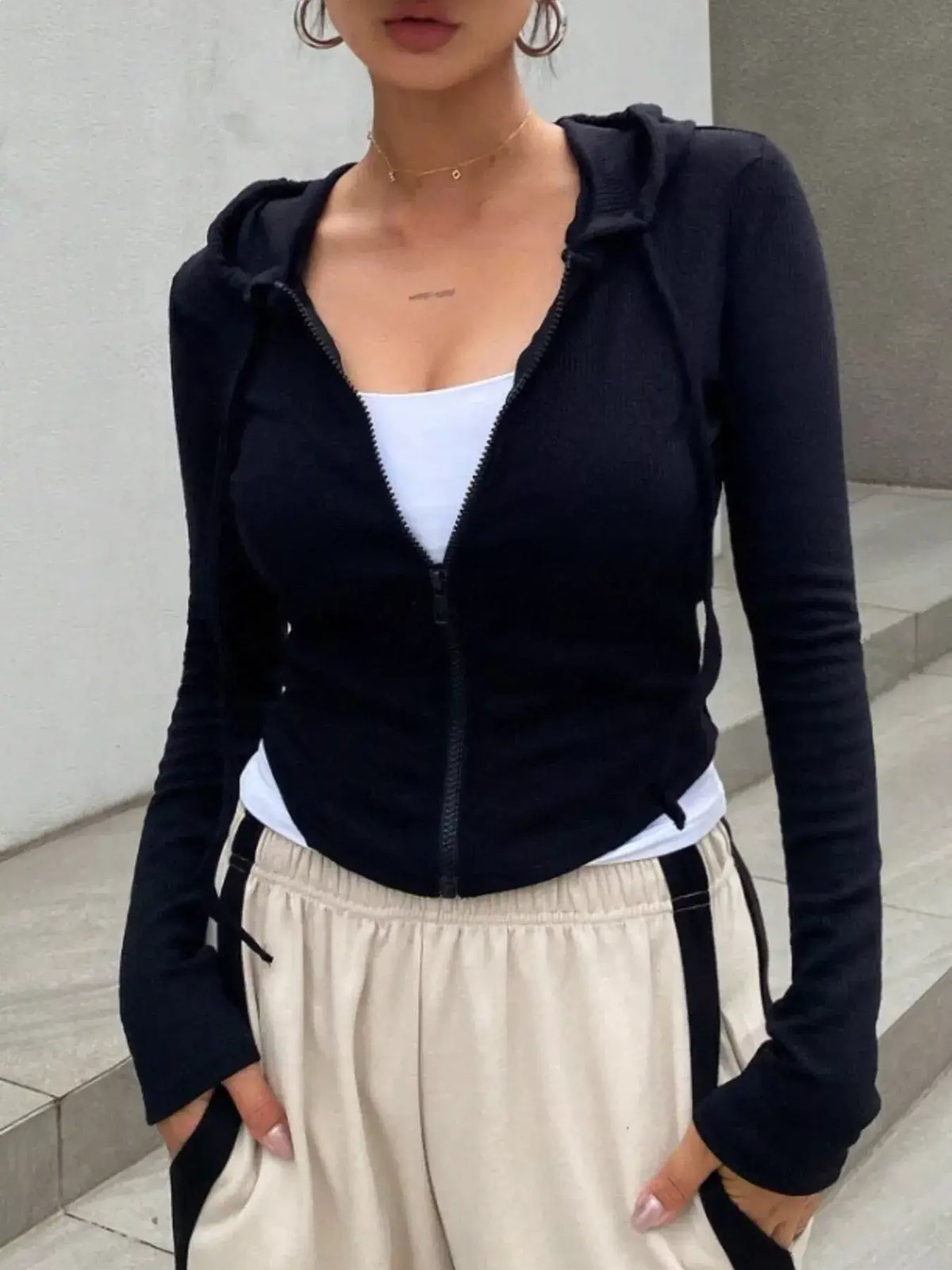 Ribbed Drawstring Zip Top