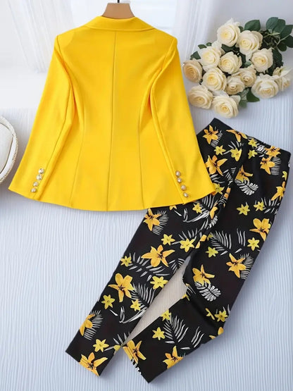womens printed pants suit featuring a yellow jacket and floral printed black pants, stylish two-piece outfit.