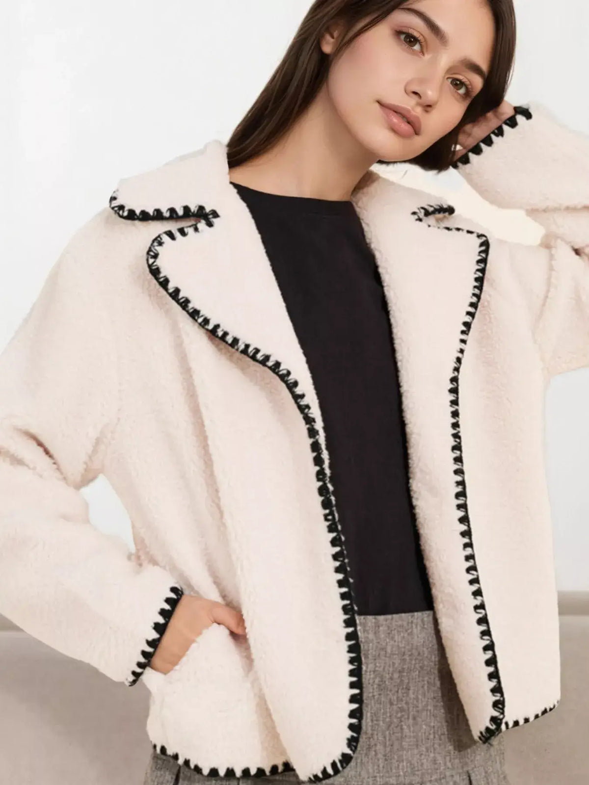 Sherpa Contrast-Trim Button-Up Outerwear