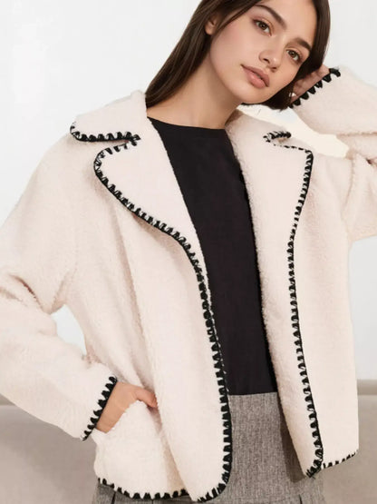 Sherpa Contrast-Trim Button-Up Outerwear