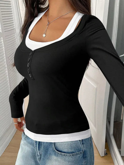 Contrast Long-Sleeve Two-Piece T-Shirt