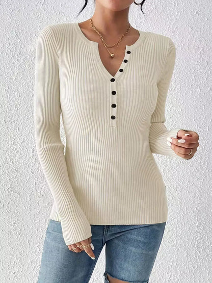 Ribbed Knit Button-Front Top