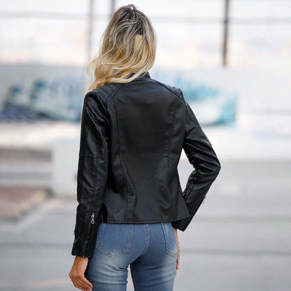 Back view of womens classic leather jacket showcasing its chic design and modern fit.