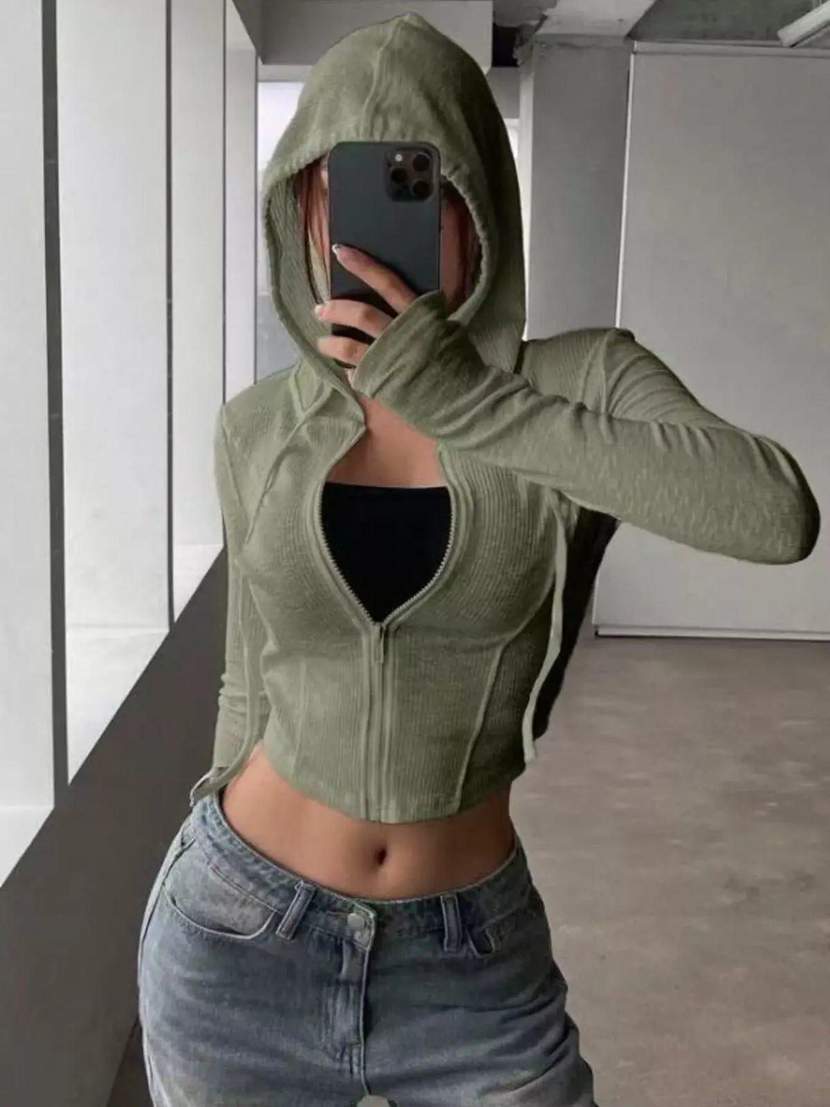Ribbed Drawstring Zip Top