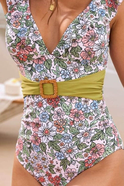 Ruffled Plunge Floral One-Piece Swimsuit