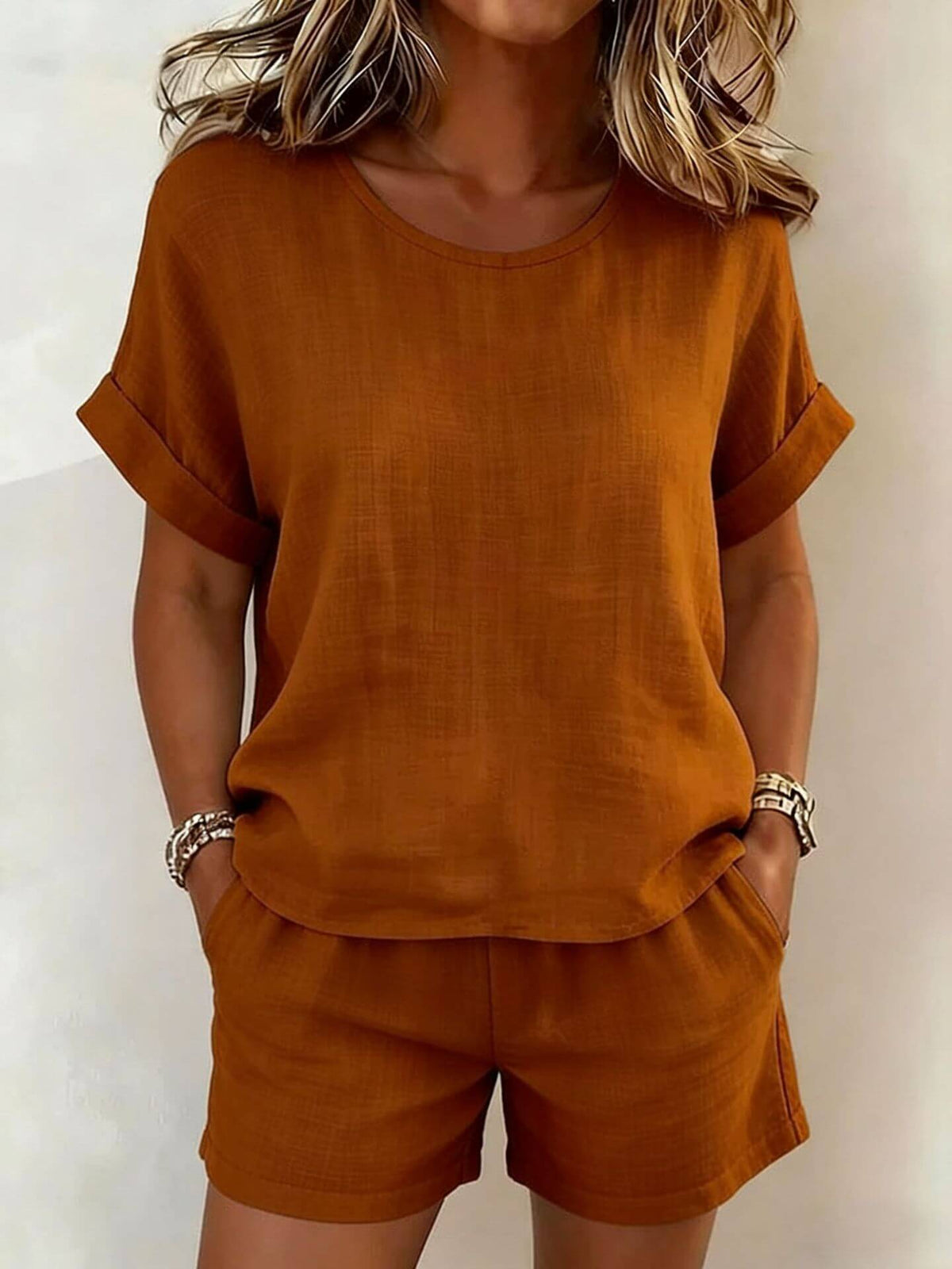 Solid-Color Cotton-Linen Shorts Set