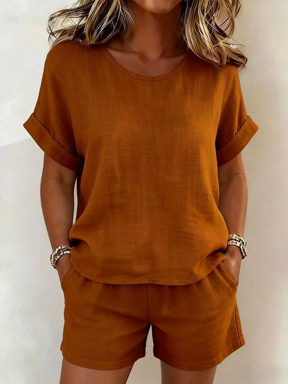 Solid-Color Cotton-Linen Shorts Set