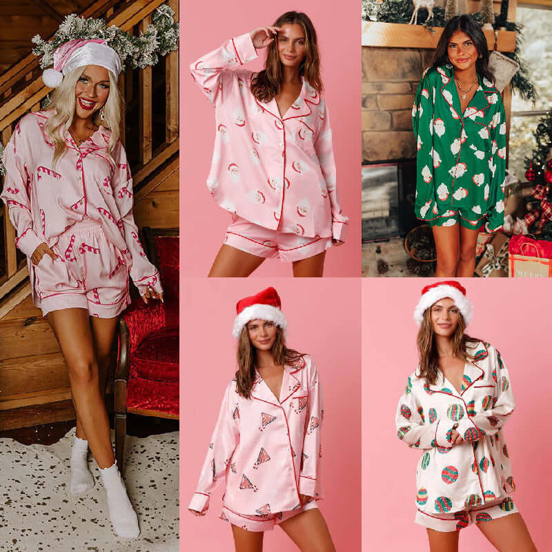 Women's satin santa pajama set featuring festive Christmas prints in a two-piece loungewear design.