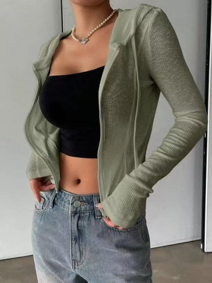 Ribbed Drawstring Zip Top