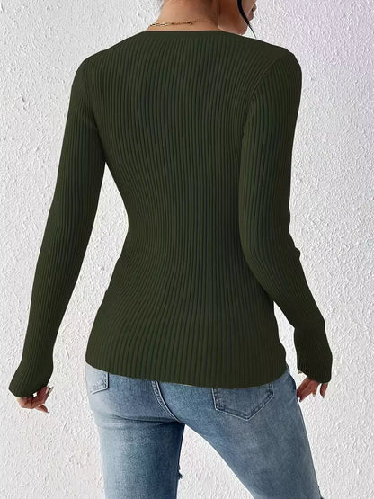 Ribbed Knit Button-Front Top