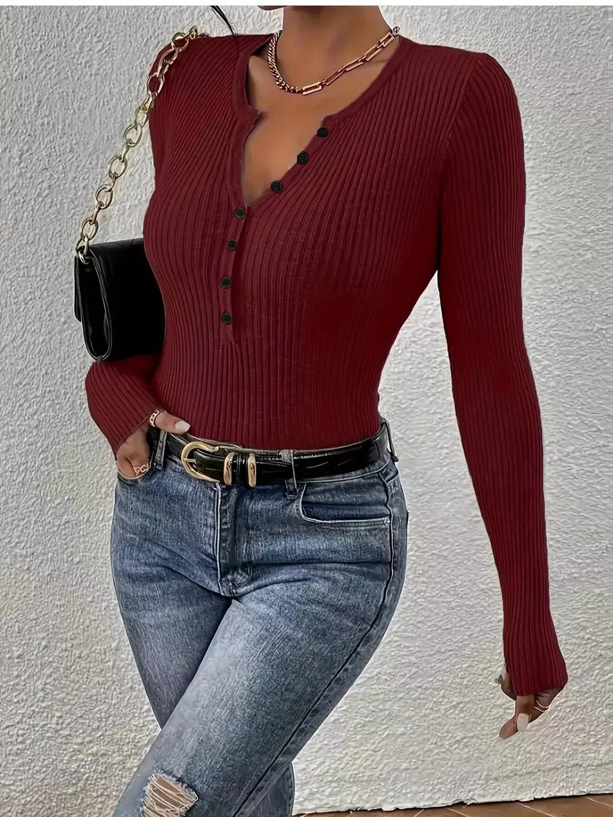 Ribbed Knit Button-Front Top