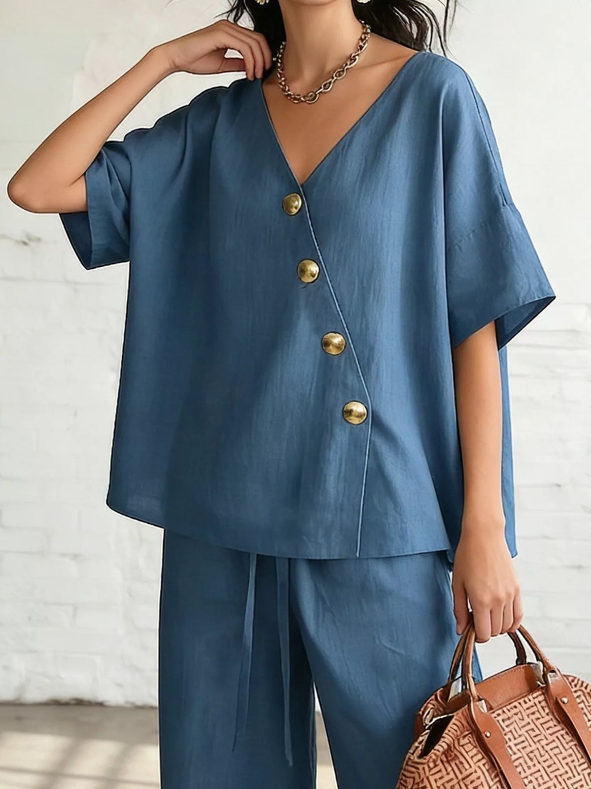 Plus Size Surplice Wide-Leg Pants Set