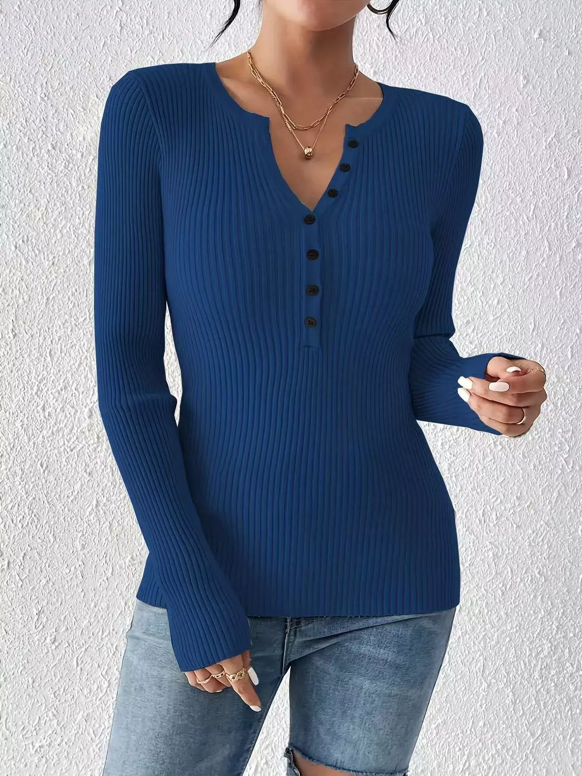 Ribbed Knit Button-Front Top