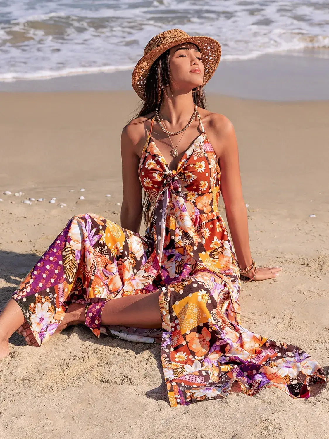 Slit Printed Halter Neck Dress