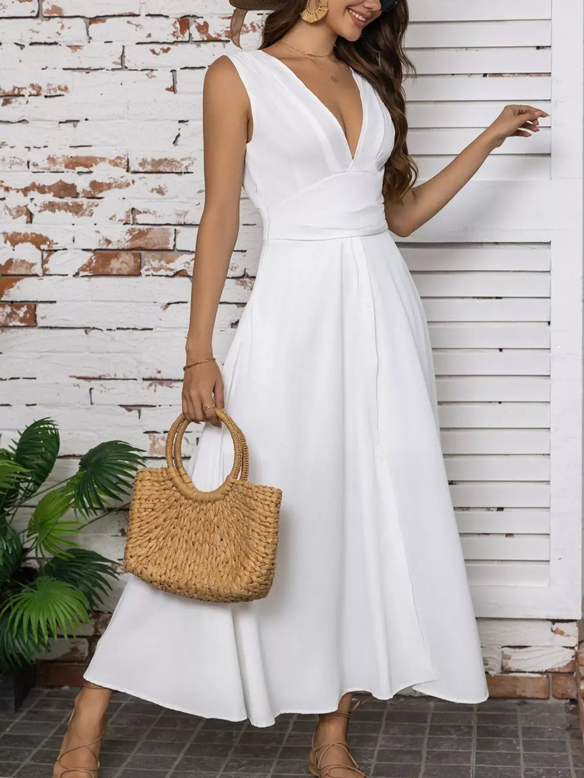 Full-Size Slit V-Neck Sleeveless Dress