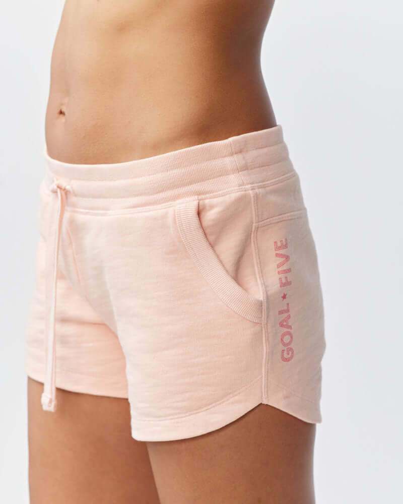 Freasy Garment-Washed Cotton Shorts in soft pink with wide rib-knit waistband and pockets