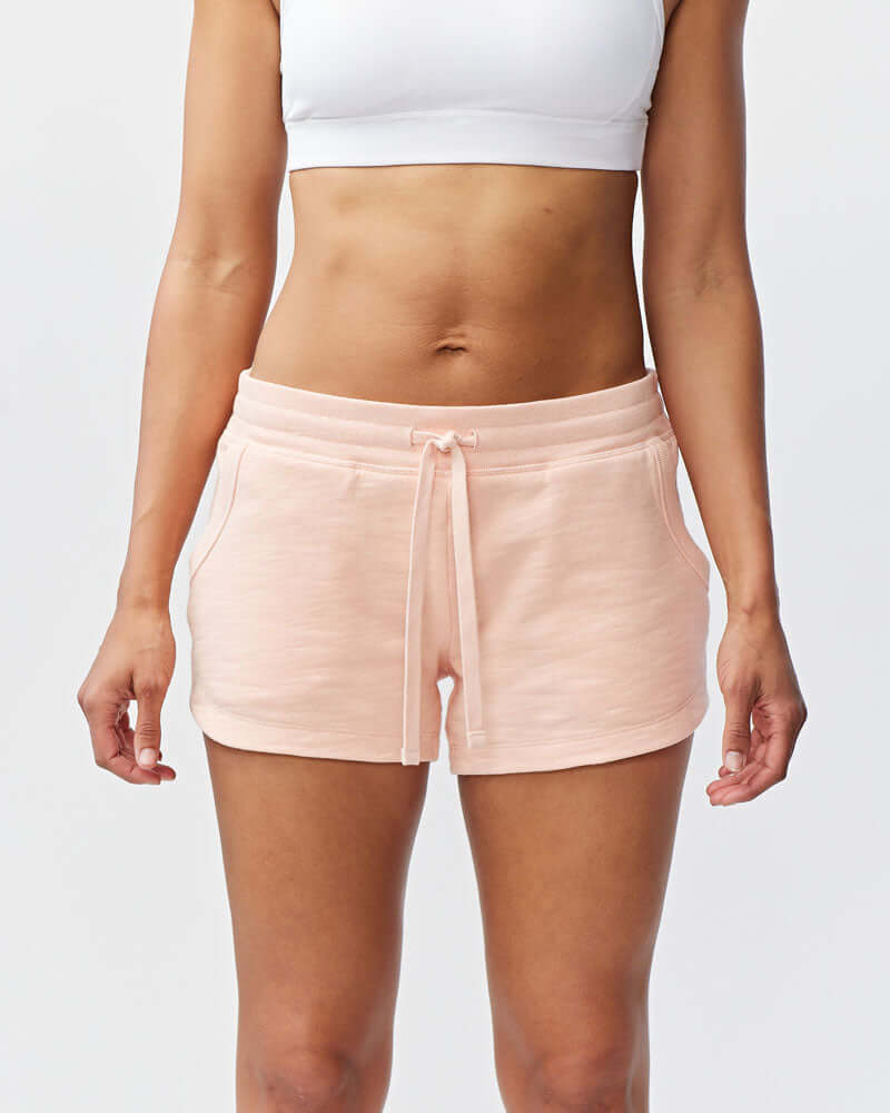 Freasy Garment-Washed Cotton Shorts in soft pink color, featuring a relaxed fit and drawstring waist for ultimate comfort.