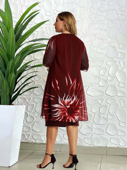 Plus-Size Floral Lace Cape Dress with floral pattern, elegant fit, and stylish design for women's fashion.