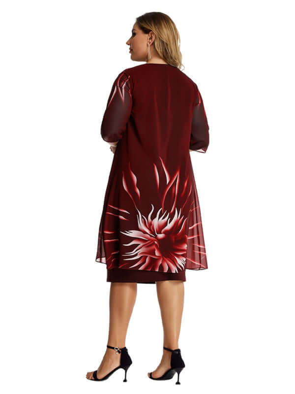 Plus-Size Floral Lace Cape Dress featuring a beautiful floral design, elegant burgundy color, and comfortable fit.