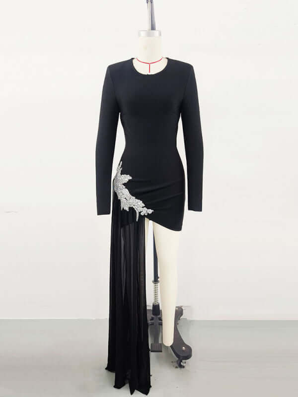 Black Diamond Flower Night Party Dress with elegant long sleeves and striking floral detailing in black