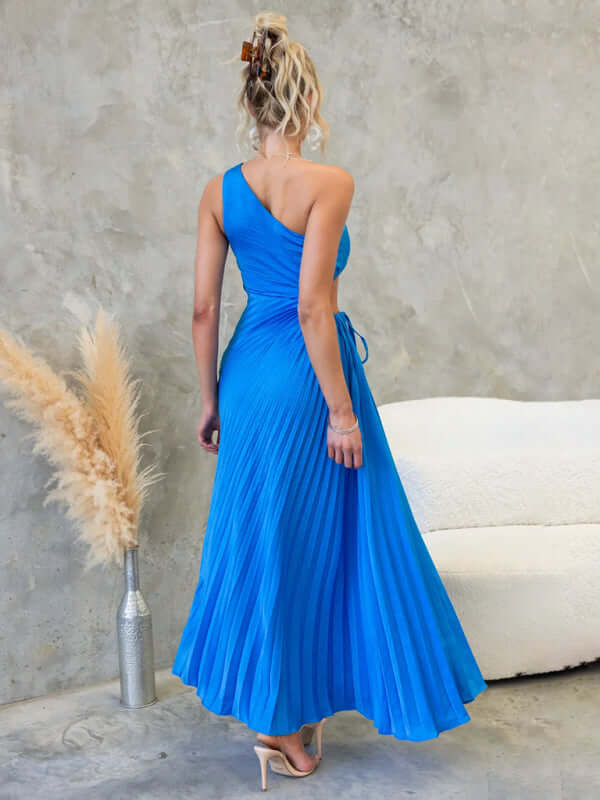 Women’s One-Shoulder Formal Dress in bright blue, featuring a refined silhouette and pleated design, perfect for womens fashion.