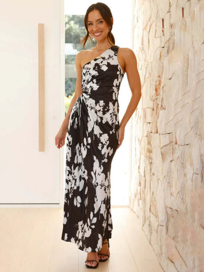 Women’s One-Shoulder Formal Dress in black with floral pattern, elegant fashion for formal occasions, stylish womens fashion apparel.