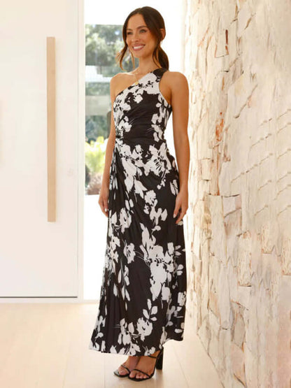 Women’s One-Shoulder Formal Dress in black and white floral design, perfect for women's fashion and formal occasions.