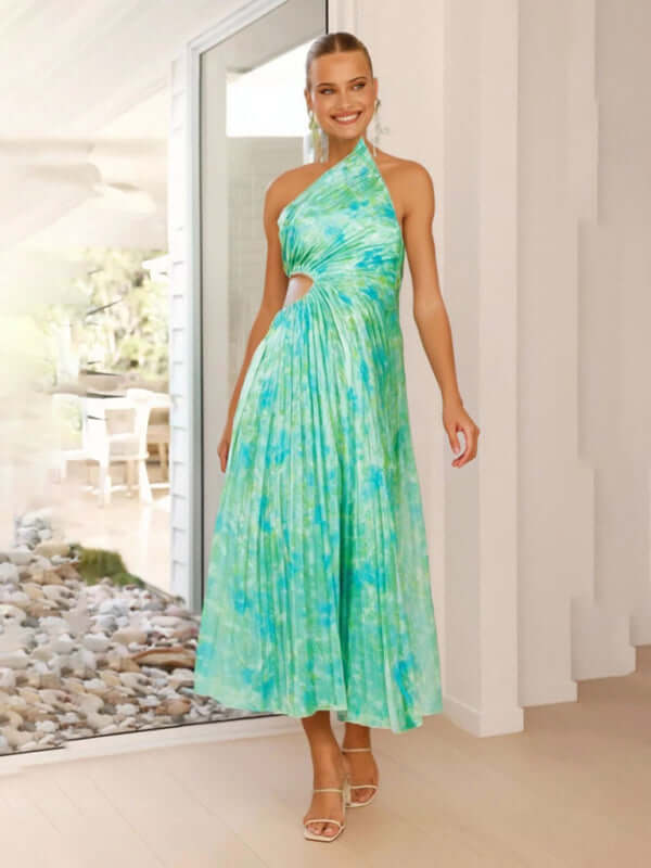 Women’s One-Shoulder Formal Dress in vibrant green tie-dye, featuring a chic silhouette, perfect for womens fashion events.
