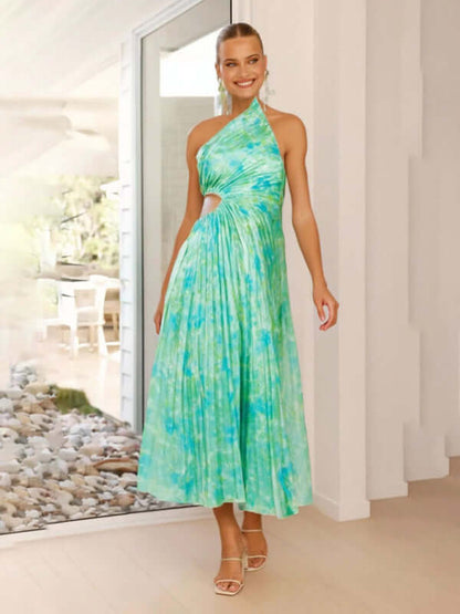 Women’s One-Shoulder Formal Dress in vibrant green tie-dye, featuring a chic silhouette, perfect for womens fashion events.