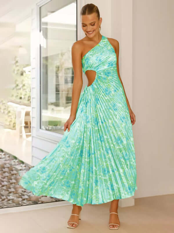 Women’s One-Shoulder Formal Dress in green, pleated design, perfect for formal occasions. Stylish women's fashion apparel.