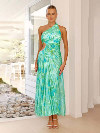 Stylish Women’s One-Shoulder Formal Dress in vibrant teal hues, perfect for formal events and women's fashion.