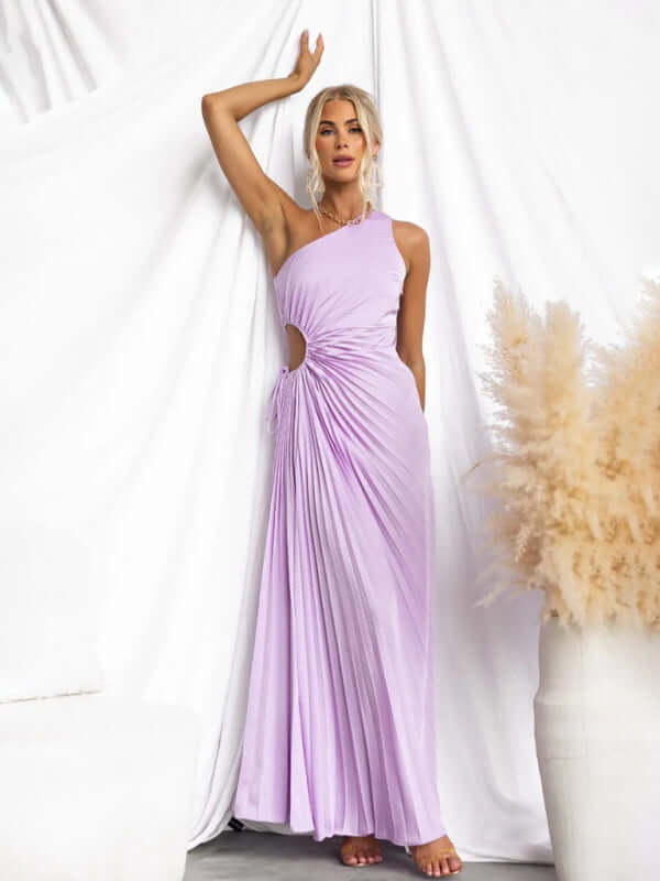 Women’s One-Shoulder Formal Dress in lavender, featuring a stylish asymmetrical design and elegant draping for women's fashion.