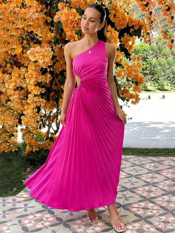 Women’s One-Shoulder Formal Dress in rose with pleated design, perfect for stylish womens fashion events.