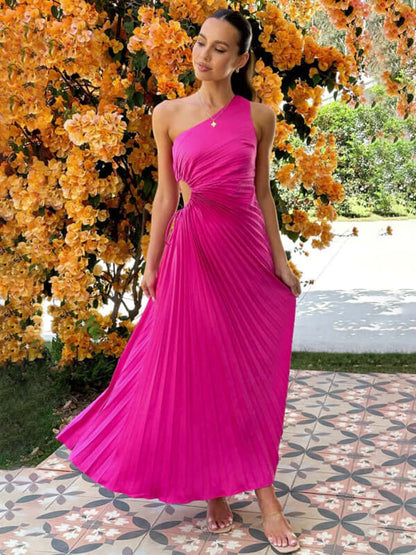 Women’s One-Shoulder Formal Dress in rose with pleated design, perfect for stylish womens fashion events.