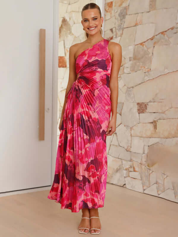 Women’s One-Shoulder Formal Dress in vibrant pink hues, showcasing elegant style and flattering fit for special occasions.