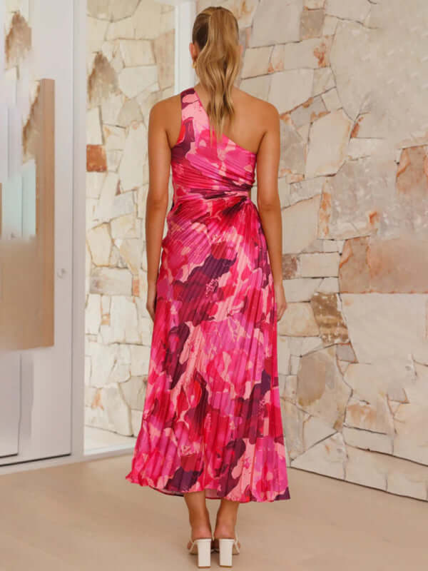 Women’s One-Shoulder Formal Dress in vibrant pink print, showcasing elegant style and perfect fit for womens fashion.