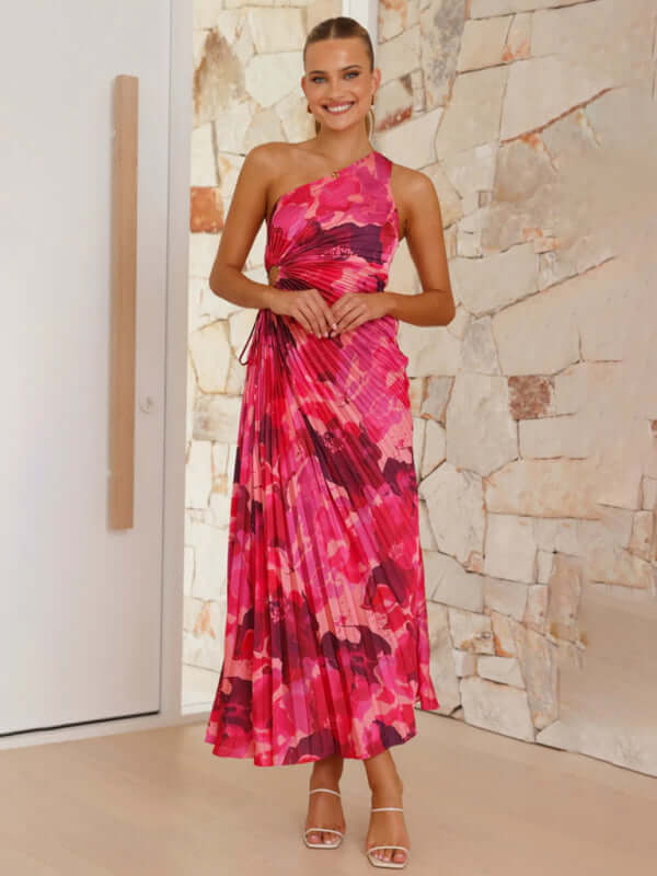 Women’s One-Shoulder Formal Dress in vibrant pink hues, perfect for elegant womens fashion and formal occasions.