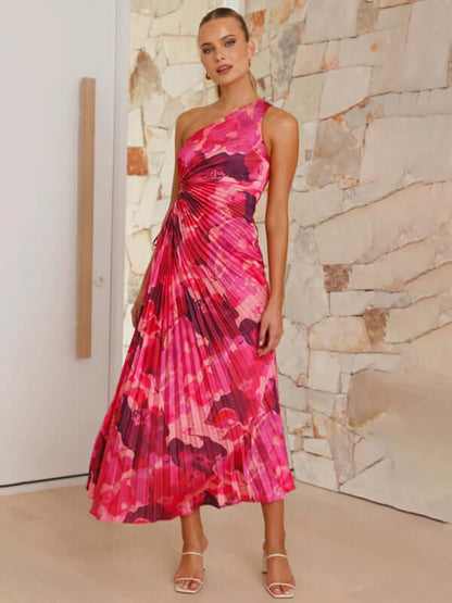 Women’s One-Shoulder Formal Dress in vibrant pink floral design, perfect for women's fashion events and formal occasions.