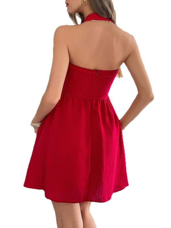 Elegant Halterneck Short Dress in red, showcasing rear view and feminine fit, a stylish choice for womens fashion.