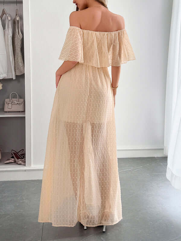 Elegant Strapless Waisted Maxi Dress in soft beige with flowing design, perfect for women's fashion in spring and summer.