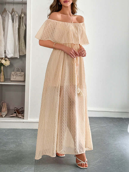 Elegant Strapless Waisted Maxi Dress in cracker khaki, perfect for women's fashion, featuring a flowing silhouette and off-shoulder design.