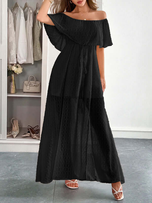 Elegant Strapless Waisted Maxi Dress in black, featuring a flowing silhouette and stylish off-shoulder design, perfect for womens fashion.