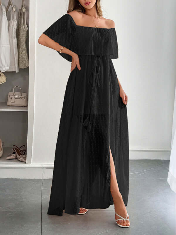 Elegant Strapless Waisted Maxi Dress in black, featuring a flowing silhouette, refined neckline, perfect for womens fashion and spring styling.