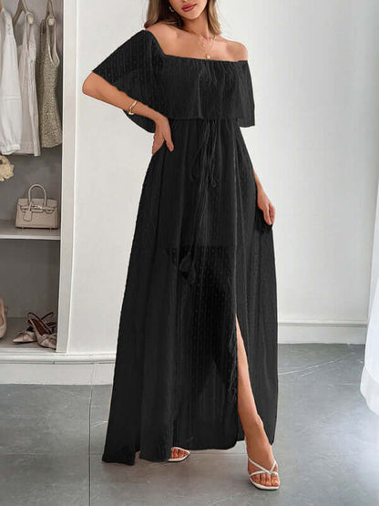 Elegant Strapless Waisted Maxi Dress in black, featuring a flowing silhouette, refined neckline, perfect for womens fashion and spring styling.