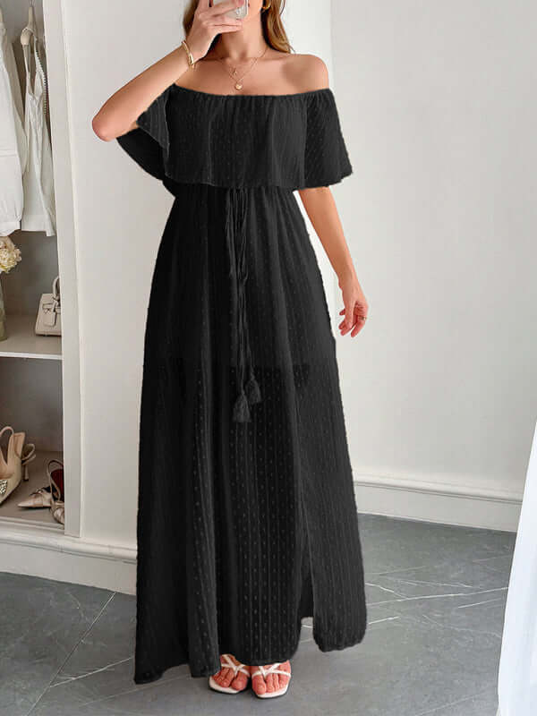 Elegant Strapless Waisted Maxi Dress in black, showcasing an exquisite strapless design, perfect for women's fashion.