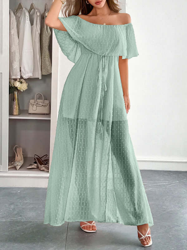 Elegant Strapless Waisted Maxi Dress in grey green, showcasing a flowing silhouette for womens fashion, perfect for spring layering.